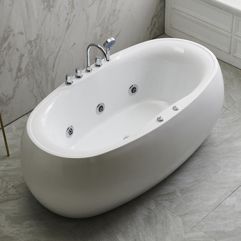 Modern Oval Acrylic Bathtub Hotel Freestanding Bath Tub in White Thermostat & Chromatherapy Not Included Massage Included Tub with Deck Faucets Clearhalo 'Bathroom Remodel & Bathroom Fixtures' 'Bathtubs' 'Home Improvement' 'home_improvement' 'home_improvement_bathtubs' 'Showers & Bathtubs' 6024494