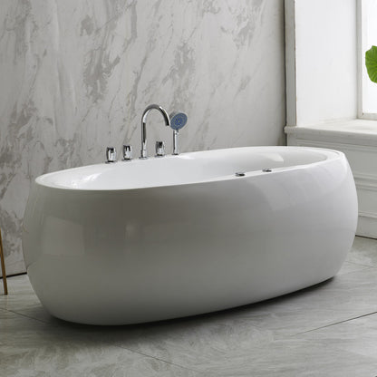 Modern Oval Acrylic Bathtub Hotel Freestanding Bath Tub in White Thermostat & Chromatherapy Massage Included Tub with Deck Faucets Clearhalo 'Bathroom Remodel & Bathroom Fixtures' 'Bathtubs' 'Home Improvement' 'home_improvement' 'home_improvement_bathtubs' 'Showers & Bathtubs' 6024495