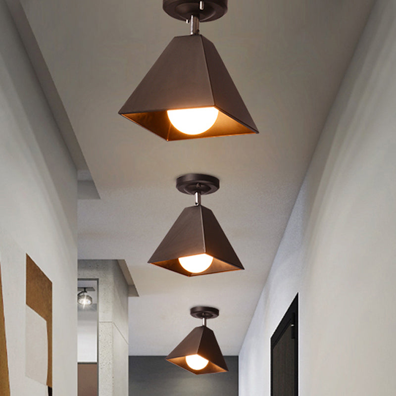 1/3-Bulb Pyramid Semi Flush Mount Light Vintage Style Black/White Metallic Ceiling Lighting for Corridor 1 Black Clearhalo 'Ceiling Lights' 'Close To Ceiling Lights' 'Close to ceiling' 'Semi-flushmount' Lighting' 602453