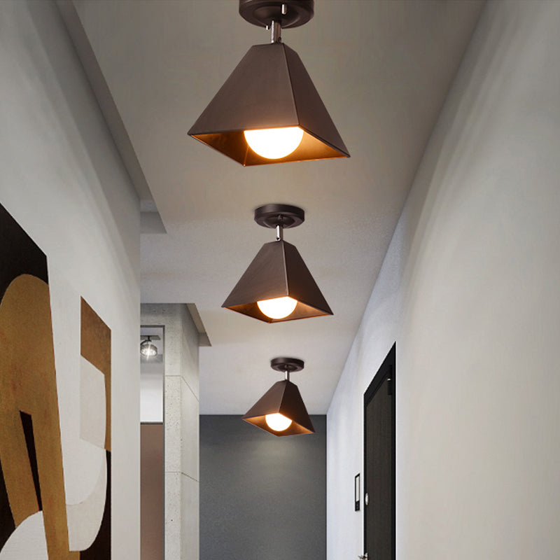 1/3-Bulb Pyramid Semi Flush Mount Light Vintage Style Black/White Metallic Ceiling Lighting for Corridor Clearhalo 'Ceiling Lights' 'Close To Ceiling Lights' 'Close to ceiling' 'Semi-flushmount' Lighting' 602454