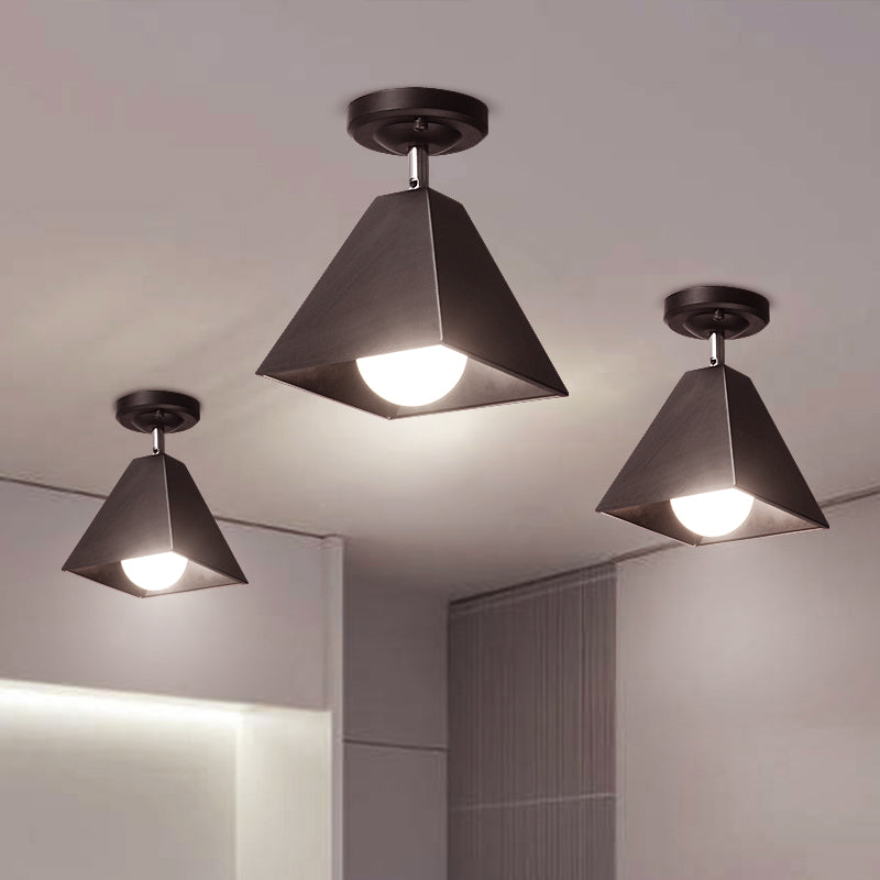 1/3-Bulb Pyramid Semi Flush Mount Light Vintage Style Black/White Metallic Ceiling Lighting for Corridor Clearhalo 'Ceiling Lights' 'Close To Ceiling Lights' 'Close to ceiling' 'Semi-flushmount' Lighting' 602455