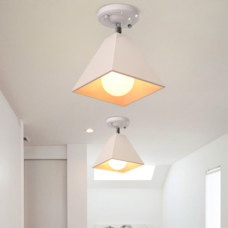 1/3-Bulb Pyramid Semi Flush Mount Light Vintage Style Black/White Metallic Ceiling Lighting for Corridor 1 White Clearhalo 'Ceiling Lights' 'Close To Ceiling Lights' 'Close to ceiling' 'Semi-flushmount' Lighting' 602458