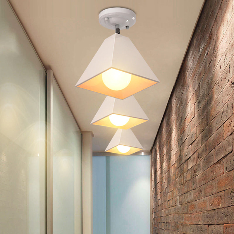 1/3-Bulb Pyramid Semi Flush Mount Light Vintage Style Black/White Metallic Ceiling Lighting for Corridor Clearhalo 'Ceiling Lights' 'Close To Ceiling Lights' 'Close to ceiling' 'Semi-flushmount' Lighting' 602459
