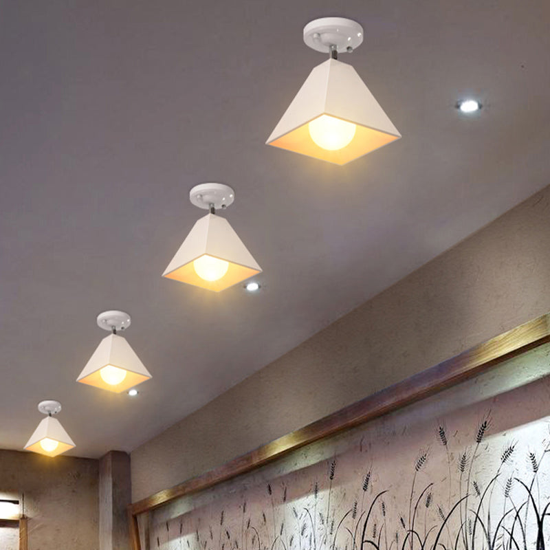 1/3-Bulb Pyramid Semi Flush Mount Light Vintage Style Black/White Metallic Ceiling Lighting for Corridor Clearhalo 'Ceiling Lights' 'Close To Ceiling Lights' 'Close to ceiling' 'Semi-flushmount' Lighting' 602460