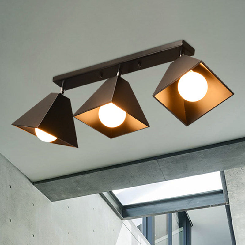 1/3-Bulb Pyramid Semi Flush Mount Light Vintage Style Black/White Metallic Ceiling Lighting for Corridor 3 Black Clearhalo 'Ceiling Lights' 'Close To Ceiling Lights' 'Close to ceiling' 'Semi-flushmount' Lighting' 602462