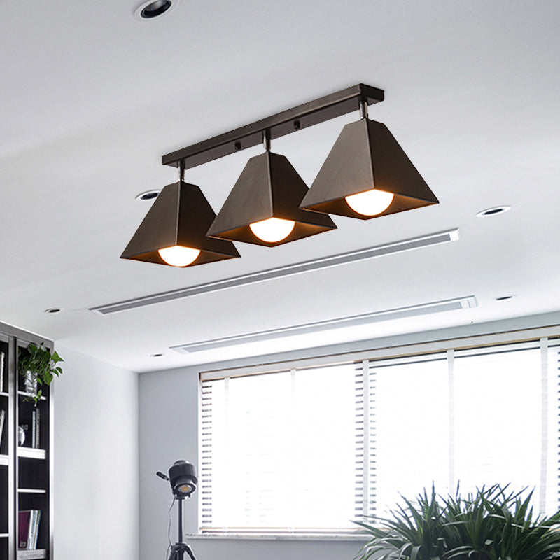 1/3-Bulb Pyramid Semi Flush Mount Light Vintage Style Black/White Metallic Ceiling Lighting for Corridor Clearhalo 'Ceiling Lights' 'Close To Ceiling Lights' 'Close to ceiling' 'Semi-flushmount' Lighting' 602463