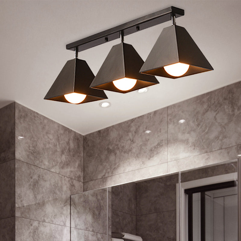 1/3-Bulb Pyramid Semi Flush Mount Light Vintage Style Black/White Metallic Ceiling Lighting for Corridor Clearhalo 'Ceiling Lights' 'Close To Ceiling Lights' 'Close to ceiling' 'Semi-flushmount' Lighting' 602464
