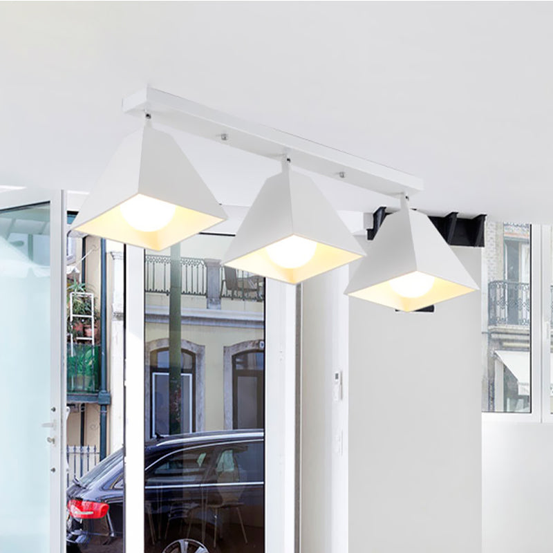 1/3-Bulb Pyramid Semi Flush Mount Light Vintage Style Black/White Metallic Ceiling Lighting for Corridor 3 White Clearhalo 'Ceiling Lights' 'Close To Ceiling Lights' 'Close to ceiling' 'Semi-flushmount' Lighting' 602467