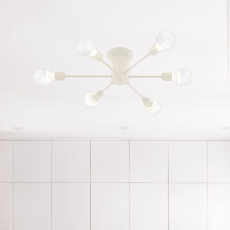 6/8 Heads Ceiling Light Fixture with Exposed Bulb Metal Retro Style Bedroom Semi Flush Mount Lighting in Black/White Clearhalo 'Ceiling Lights' 'Close To Ceiling Lights' 'Close to ceiling' 'Semi-flushmount' Lighting' 602546