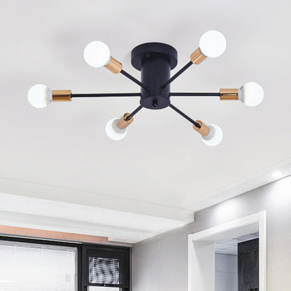 6/8 Heads Bare Bulb Semi Flush Mount Light Vintage Style Black/White Metallic Ceiling Light Fixture for Kitchen 6 Black Clearhalo 'Ceiling Lights' 'Close To Ceiling Lights' 'Close to ceiling' 'Semi-flushmount' Lighting' 602577