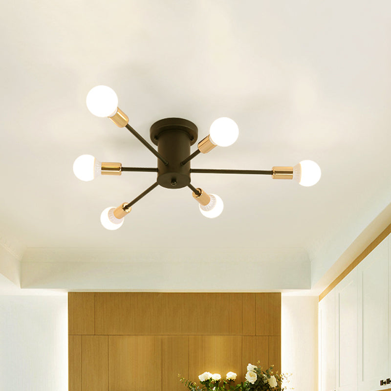 6/8 Heads Bare Bulb Semi Flush Mount Light Vintage Style Black/White Metallic Ceiling Light Fixture for Kitchen Clearhalo 'Ceiling Lights' 'Close To Ceiling Lights' 'Close to ceiling' 'Semi-flushmount' Lighting' 602578