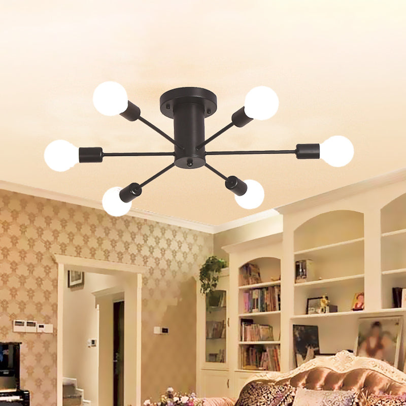 6/8 Heads Bare Bulb Semi Flush Mount Light Vintage Style Black/White Metallic Ceiling Light Fixture for Kitchen Clearhalo 'Ceiling Lights' 'Close To Ceiling Lights' 'Close to ceiling' 'Semi-flushmount' Lighting' 602579