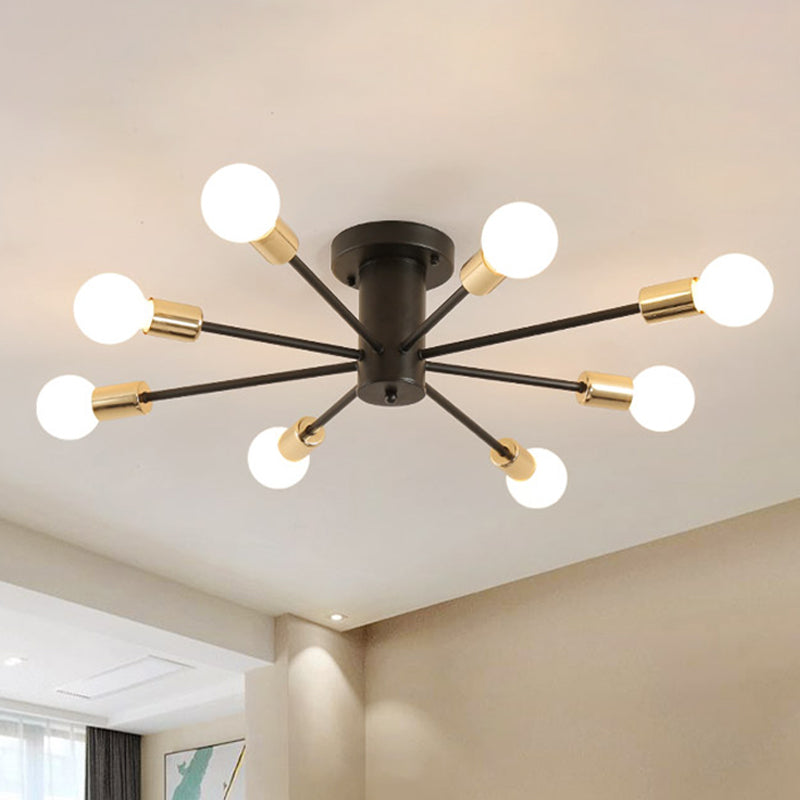 6/8 Heads Bare Bulb Semi Flush Mount Light Vintage Style Black/White Metallic Ceiling Light Fixture for Kitchen 8 Black Clearhalo 'Ceiling Lights' 'Close To Ceiling Lights' 'Close to ceiling' 'Semi-flushmount' Lighting' 602582