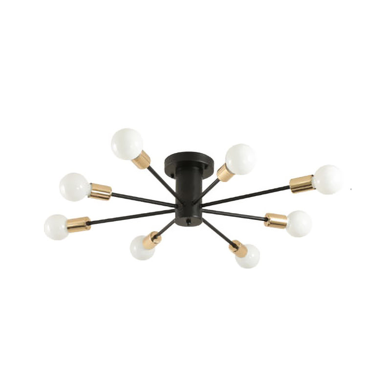 6/8 Heads Bare Bulb Semi Flush Mount Light Vintage Style Black/White Metallic Ceiling Light Fixture for Kitchen Clearhalo 'Ceiling Lights' 'Close To Ceiling Lights' 'Close to ceiling' 'Semi-flushmount' Lighting' 602585