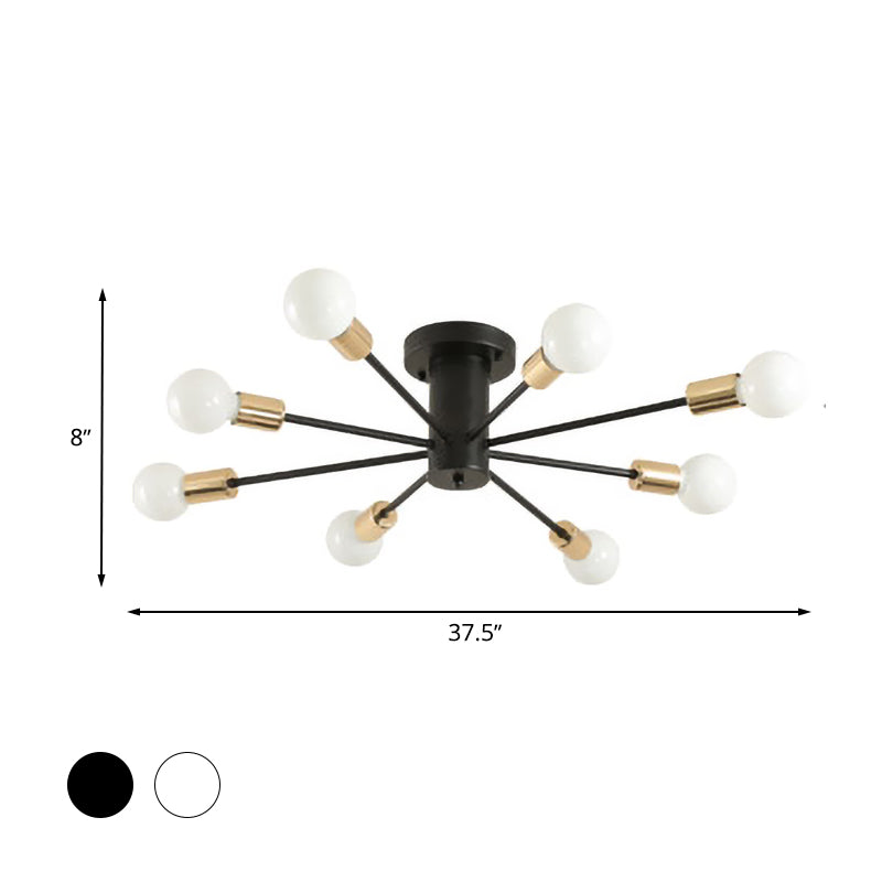 6/8 Heads Bare Bulb Semi Flush Mount Light Vintage Style Black/White Metallic Ceiling Light Fixture for Kitchen Clearhalo 'Ceiling Lights' 'Close To Ceiling Lights' 'Close to ceiling' 'Semi-flushmount' Lighting' 602586