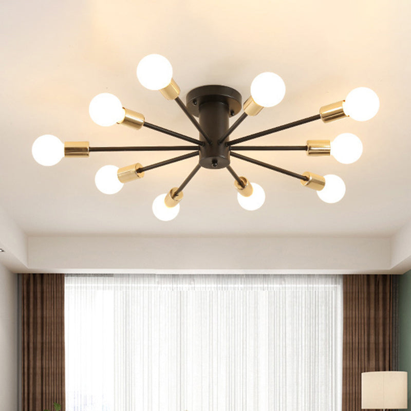 6/8 Heads Bare Bulb Semi Flush Mount Light Vintage Style Black/White Metallic Ceiling Light Fixture for Kitchen 10 Black Clearhalo 'Ceiling Lights' 'Close To Ceiling Lights' 'Close to ceiling' 'Semi-flushmount' Lighting' 602587