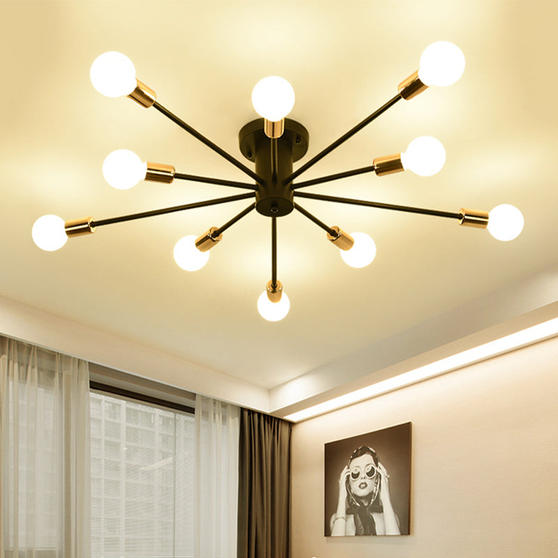 6/8 Heads Bare Bulb Semi Flush Mount Light Vintage Style Black/White Metallic Ceiling Light Fixture for Kitchen Clearhalo 'Ceiling Lights' 'Close To Ceiling Lights' 'Close to ceiling' 'Semi-flushmount' Lighting' 602588