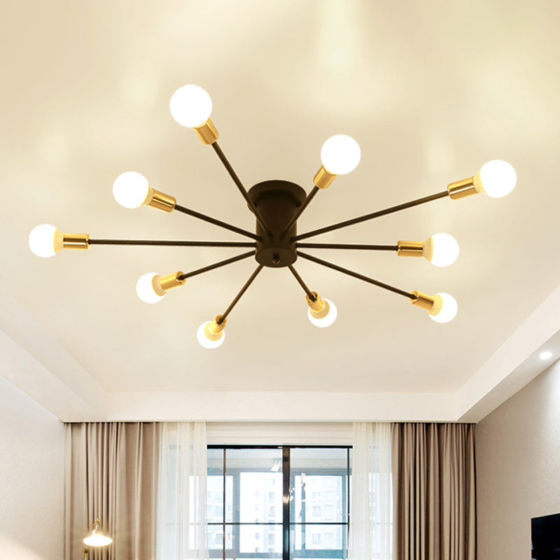 6/8 Heads Bare Bulb Semi Flush Mount Light Vintage Style Black/White Metallic Ceiling Light Fixture for Kitchen Clearhalo 'Ceiling Lights' 'Close To Ceiling Lights' 'Close to ceiling' 'Semi-flushmount' Lighting' 602589