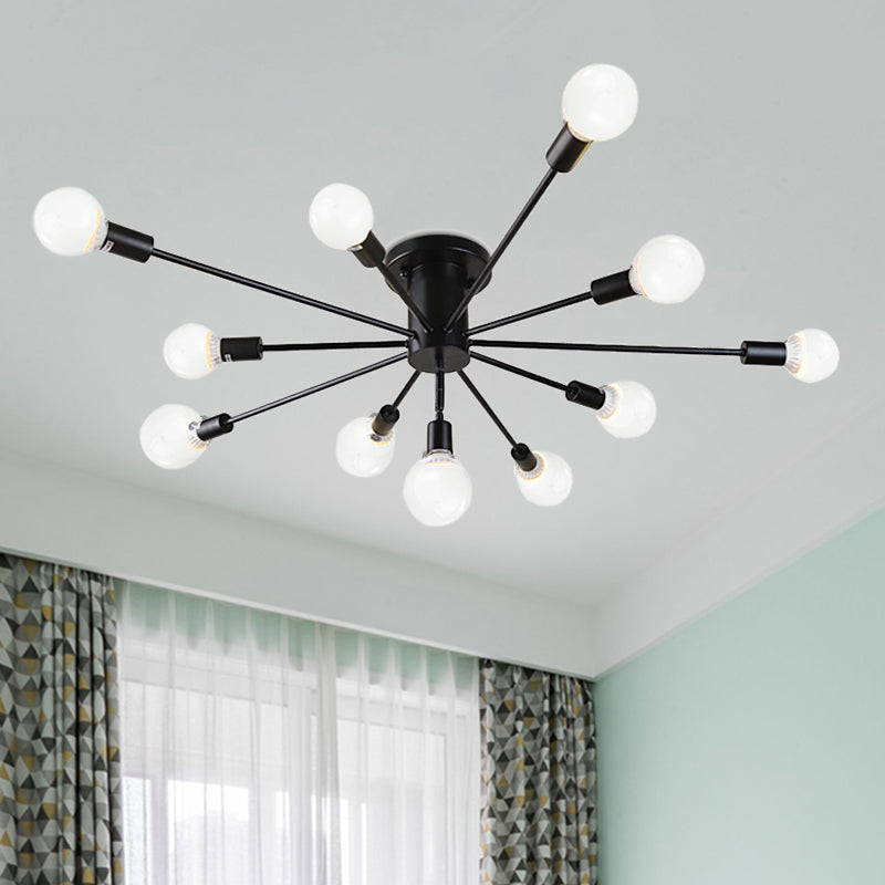 6/8 Heads Bare Bulb Semi Flush Mount Light Vintage Style Black/White Metallic Ceiling Light Fixture for Kitchen 11 Black Clearhalo 'Ceiling Lights' 'Close To Ceiling Lights' 'Close to ceiling' 'Semi-flushmount' Lighting' 602592