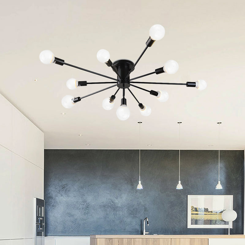 6/8 Heads Bare Bulb Semi Flush Mount Light Vintage Style Black/White Metallic Ceiling Light Fixture for Kitchen Clearhalo 'Ceiling Lights' 'Close To Ceiling Lights' 'Close to ceiling' 'Semi-flushmount' Lighting' 602593