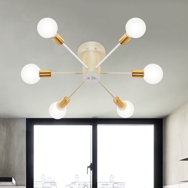 6/8 Heads Bare Bulb Semi Flush Mount Light Vintage Style Black/White Metallic Ceiling Light Fixture for Kitchen 6 White Clearhalo 'Ceiling Lights' 'Close To Ceiling Lights' 'Close to ceiling' 'Semi-flushmount' Lighting' 602597