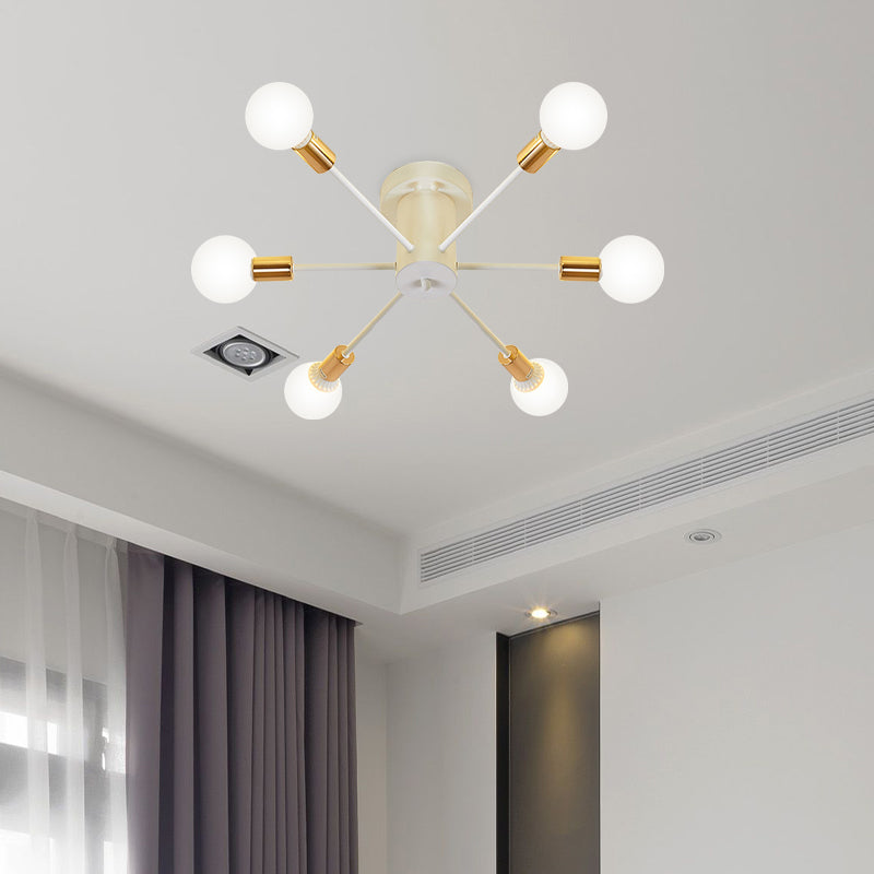 6/8 Heads Bare Bulb Semi Flush Mount Light Vintage Style Black/White Metallic Ceiling Light Fixture for Kitchen Clearhalo 'Ceiling Lights' 'Close To Ceiling Lights' 'Close to ceiling' 'Semi-flushmount' Lighting' 602598