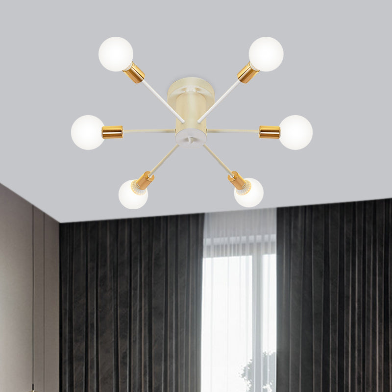 6/8 Heads Bare Bulb Semi Flush Mount Light Vintage Style Black/White Metallic Ceiling Light Fixture for Kitchen Clearhalo 'Ceiling Lights' 'Close To Ceiling Lights' 'Close to ceiling' 'Semi-flushmount' Lighting' 602599