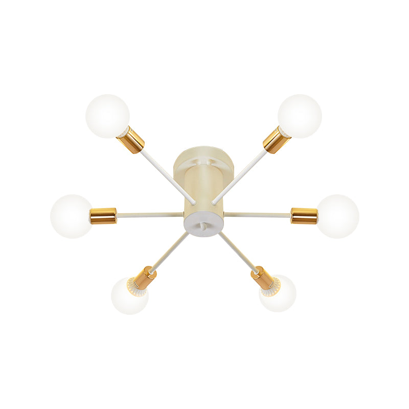 6/8 Heads Bare Bulb Semi Flush Mount Light Vintage Style Black/White Metallic Ceiling Light Fixture for Kitchen Clearhalo 'Ceiling Lights' 'Close To Ceiling Lights' 'Close to ceiling' 'Semi-flushmount' Lighting' 602600