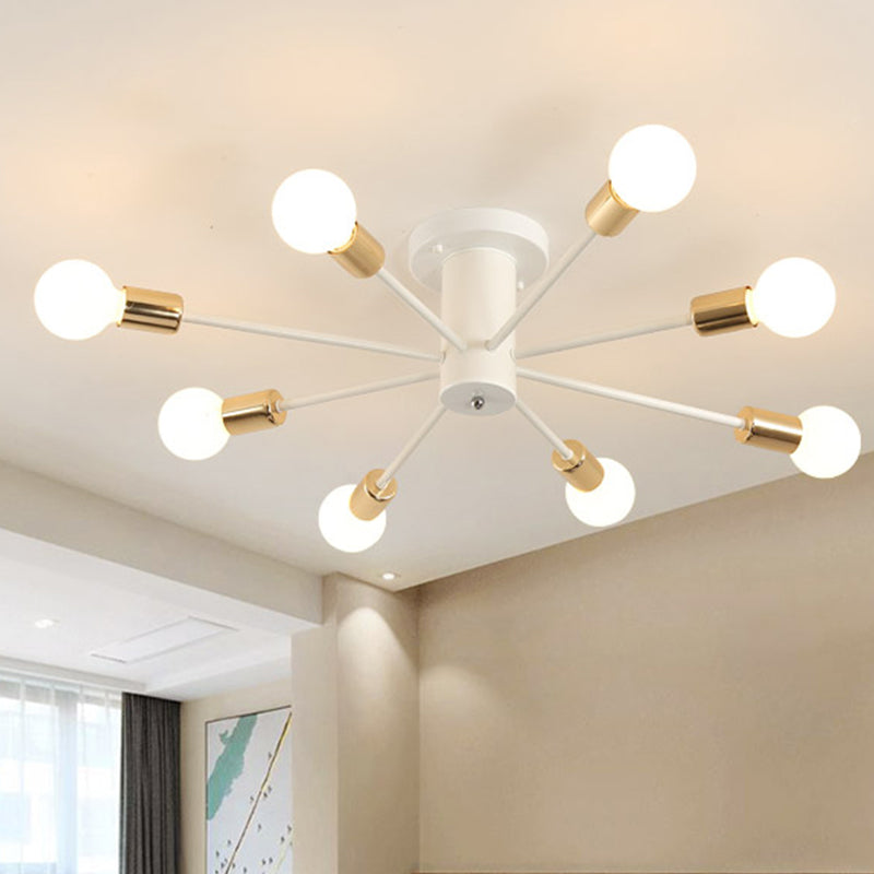 6/8 Heads Bare Bulb Semi Flush Mount Light Vintage Style Black/White Metallic Ceiling Light Fixture for Kitchen 8 White Clearhalo 'Ceiling Lights' 'Close To Ceiling Lights' 'Close to ceiling' 'Semi-flushmount' Lighting' 602601