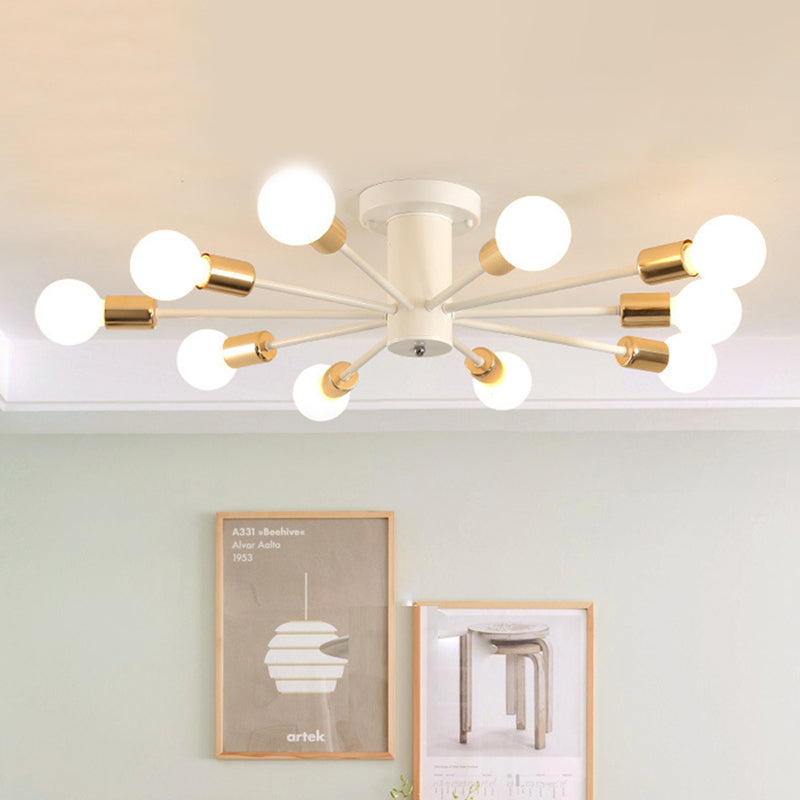 6/8 Heads Bare Bulb Semi Flush Mount Light Vintage Style Black/White Metallic Ceiling Light Fixture for Kitchen 10 White Clearhalo 'Ceiling Lights' 'Close To Ceiling Lights' 'Close to ceiling' 'Semi-flushmount' Lighting' 602605