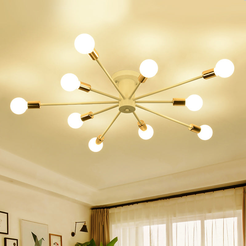 6/8 Heads Bare Bulb Semi Flush Mount Light Vintage Style Black/White Metallic Ceiling Light Fixture for Kitchen Clearhalo 'Ceiling Lights' 'Close To Ceiling Lights' 'Close to ceiling' 'Semi-flushmount' Lighting' 602606