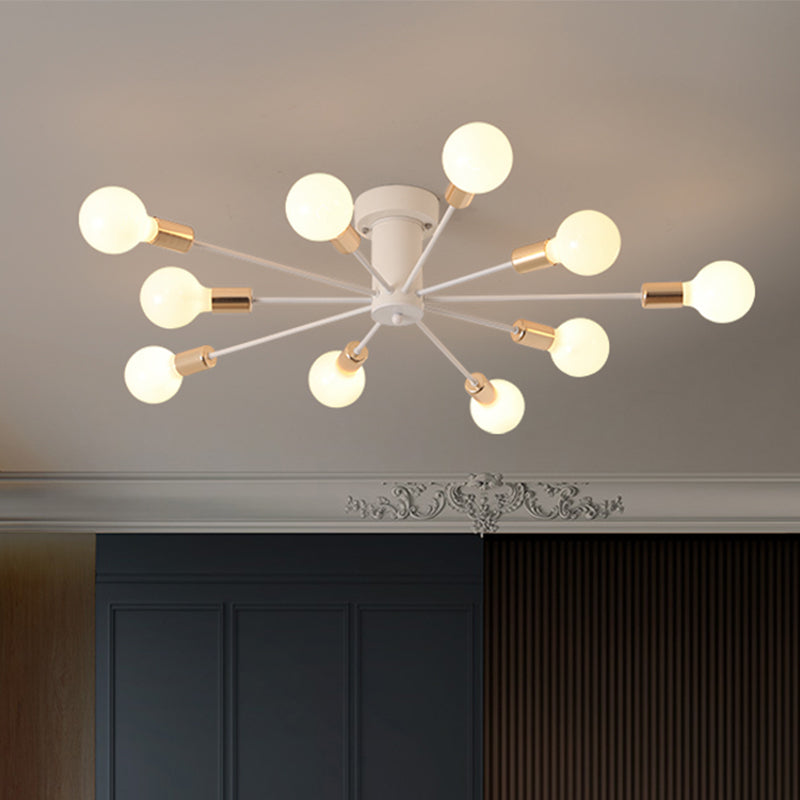 6/8 Heads Bare Bulb Semi Flush Mount Light Vintage Style Black/White Metallic Ceiling Light Fixture for Kitchen Clearhalo 'Ceiling Lights' 'Close To Ceiling Lights' 'Close to ceiling' 'Semi-flushmount' Lighting' 602607