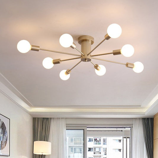 8/10 Lights Exposed Semi Flush Mount Lighting Industrial Gold Metal Ceiling Mounted Fixture for Living Room Clearhalo 'Ceiling Lights' 'Close To Ceiling Lights' 'Close to ceiling' 'Semi-flushmount' Lighting' 602617