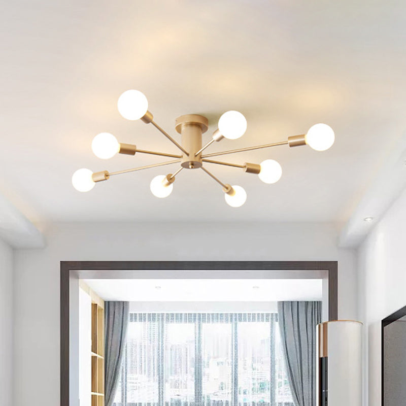 8/10 Lights Exposed Semi Flush Mount Lighting Industrial Gold Metal Ceiling Mounted Fixture for Living Room Clearhalo 'Ceiling Lights' 'Close To Ceiling Lights' 'Close to ceiling' 'Semi-flushmount' Lighting' 602618