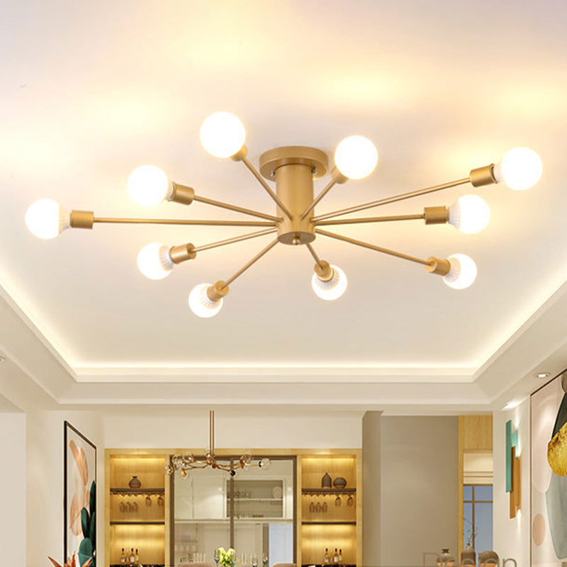 8/10 Lights Exposed Semi Flush Mount Lighting Industrial Gold Metal Ceiling Mounted Fixture for Living Room 10 Gold Clearhalo 'Ceiling Lights' 'Close To Ceiling Lights' 'Close to ceiling' 'Semi-flushmount' Lighting' 602621