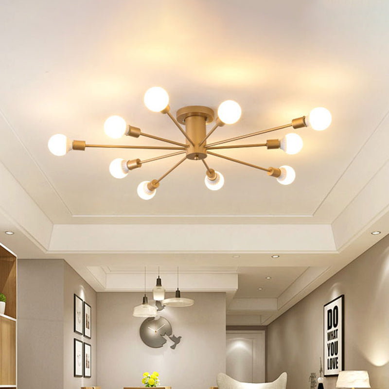 8/10 Lights Exposed Semi Flush Mount Lighting Industrial Gold Metal Ceiling Mounted Fixture for Living Room Clearhalo 'Ceiling Lights' 'Close To Ceiling Lights' 'Close to ceiling' 'Semi-flushmount' Lighting' 602622