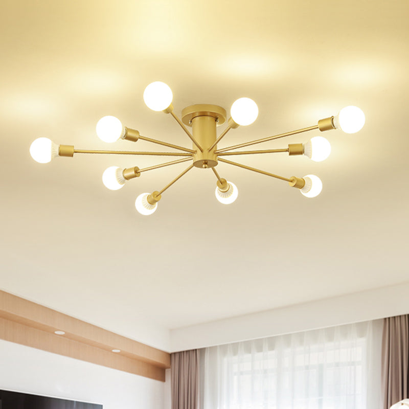 8/10 Lights Exposed Semi Flush Mount Lighting Industrial Gold Metal Ceiling Mounted Fixture for Living Room Clearhalo 'Ceiling Lights' 'Close To Ceiling Lights' 'Close to ceiling' 'Semi-flushmount' Lighting' 602623