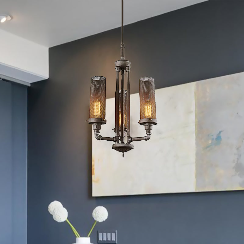 3/5/8 Lights Tube Hanging Lamp with Cylinder Mesh Shade Farmhouse Style Pewter Iron Chandelier Light Fixture Clearhalo 'Cast Iron' 'Ceiling Lights' 'Chandeliers' 'Industrial Chandeliers' 'Industrial' 'Metal' 'Middle Century Chandeliers' 'Rustic Chandeliers' 'Tiffany' Lighting' 602658