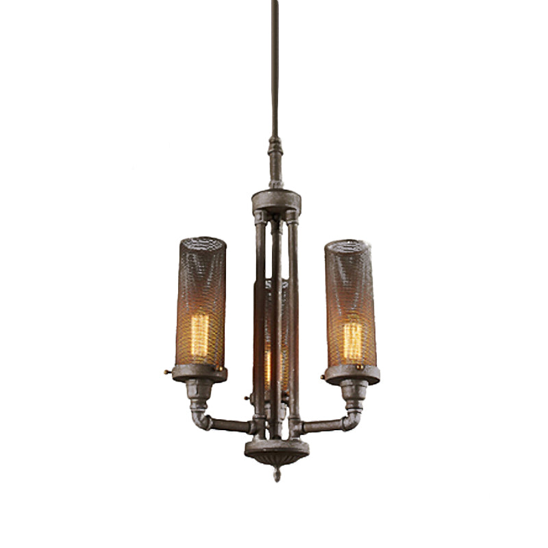 3/5/8 Lights Tube Hanging Lamp with Cylinder Mesh Shade Farmhouse Style Pewter Iron Chandelier Light Fixture Clearhalo 'Cast Iron' 'Ceiling Lights' 'Chandeliers' 'Industrial Chandeliers' 'Industrial' 'Metal' 'Middle Century Chandeliers' 'Rustic Chandeliers' 'Tiffany' Lighting' 602660
