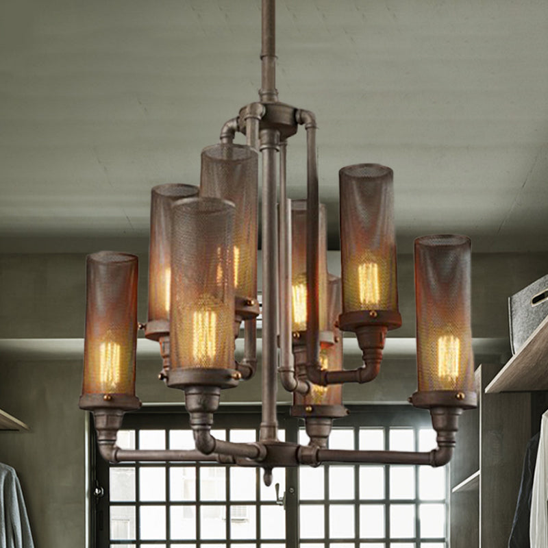 3/5/8 Lights Tube Hanging Lamp with Cylinder Mesh Shade Farmhouse Style Pewter Iron Chandelier Light Fixture 8 Pewter Clearhalo 'Cast Iron' 'Ceiling Lights' 'Chandeliers' 'Industrial Chandeliers' 'Industrial' 'Metal' 'Middle Century Chandeliers' 'Rustic Chandeliers' 'Tiffany' Lighting' 602662