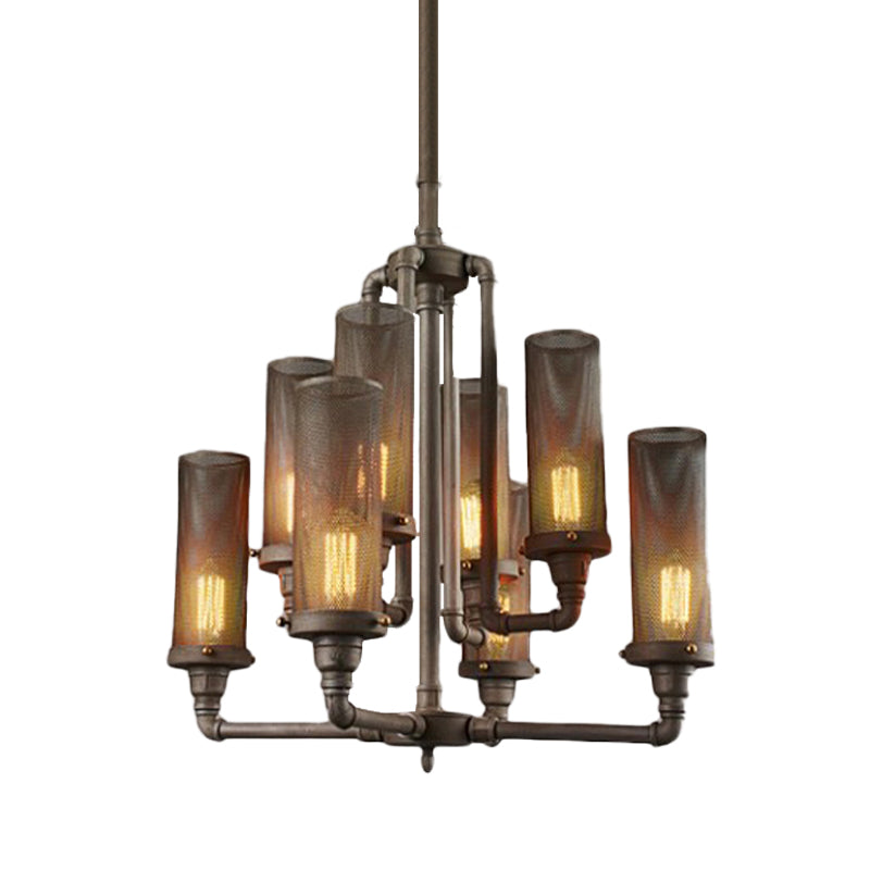 3/5/8 Lights Tube Hanging Lamp with Cylinder Mesh Shade Farmhouse Style Pewter Iron Chandelier Light Fixture Clearhalo 'Cast Iron' 'Ceiling Lights' 'Chandeliers' 'Industrial Chandeliers' 'Industrial' 'Metal' 'Middle Century Chandeliers' 'Rustic Chandeliers' 'Tiffany' Lighting' 602665