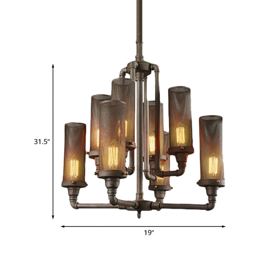 3/5/8 Lights Tube Hanging Lamp with Cylinder Mesh Shade Farmhouse Style Pewter Iron Chandelier Light Fixture Clearhalo 'Cast Iron' 'Ceiling Lights' 'Chandeliers' 'Industrial Chandeliers' 'Industrial' 'Metal' 'Middle Century Chandeliers' 'Rustic Chandeliers' 'Tiffany' Lighting' 602666