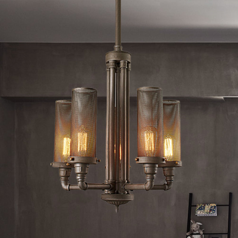 3/5/8 Lights Tube Hanging Lamp with Cylinder Mesh Shade Farmhouse Style Pewter Iron Chandelier Light Fixture 5 Pewter Clearhalo 'Cast Iron' 'Ceiling Lights' 'Chandeliers' 'Industrial Chandeliers' 'Industrial' 'Metal' 'Middle Century Chandeliers' 'Rustic Chandeliers' 'Tiffany' Lighting' 602667