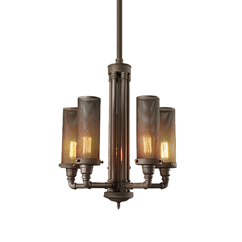 3/5/8 Lights Tube Hanging Lamp with Cylinder Mesh Shade Farmhouse Style Pewter Iron Chandelier Light Fixture Clearhalo 'Cast Iron' 'Ceiling Lights' 'Chandeliers' 'Industrial Chandeliers' 'Industrial' 'Metal' 'Middle Century Chandeliers' 'Rustic Chandeliers' 'Tiffany' Lighting' 602670