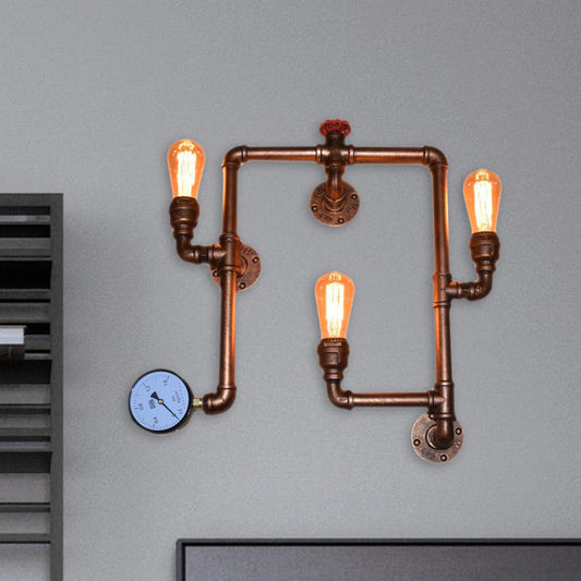 3-Head Iron Sconce Light Industrial Copper Finish Twisted Living Room Wall Mount Pipe Lamp with Gauge Deco Copper Clearhalo 'Art deco wall lights' 'Cast Iron' 'Glass' 'Industrial wall lights' 'Industrial' 'Middle century wall lights' 'Modern' 'Rustic wall lights' 'Tiffany' 'Traditional wall lights' 'Wall Lamps & Sconces' 'Wall Lights' Lighting' 602700