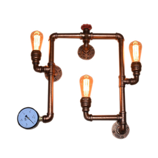 3-Head Iron Sconce Light Industrial Copper Finish Twisted Living Room Wall Mount Pipe Lamp with Gauge Deco Clearhalo 'Art deco wall lights' 'Cast Iron' 'Glass' 'Industrial wall lights' 'Industrial' 'Middle century wall lights' 'Modern' 'Rustic wall lights' 'Tiffany' 'Traditional wall lights' 'Wall Lamps & Sconces' 'Wall Lights' Lighting' 602702