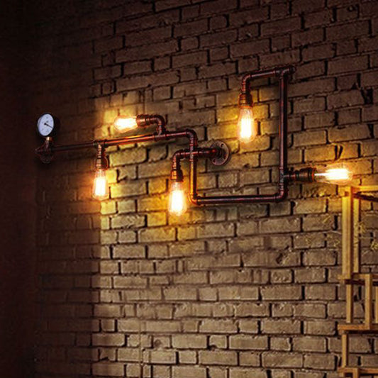 Maze Pipe Restaurant Sconce Vintage Metallic 5-Bulb Copper Wall Mount Lighting with Gauge Deco Clearhalo 'Art deco wall lights' 'Cast Iron' 'Glass' 'Industrial wall lights' 'Industrial' 'Middle century wall lights' 'Modern' 'Rustic wall lights' 'Tiffany' 'Traditional wall lights' 'Wall Lamps & Sconces' 'Wall Lights' Lighting' 602707