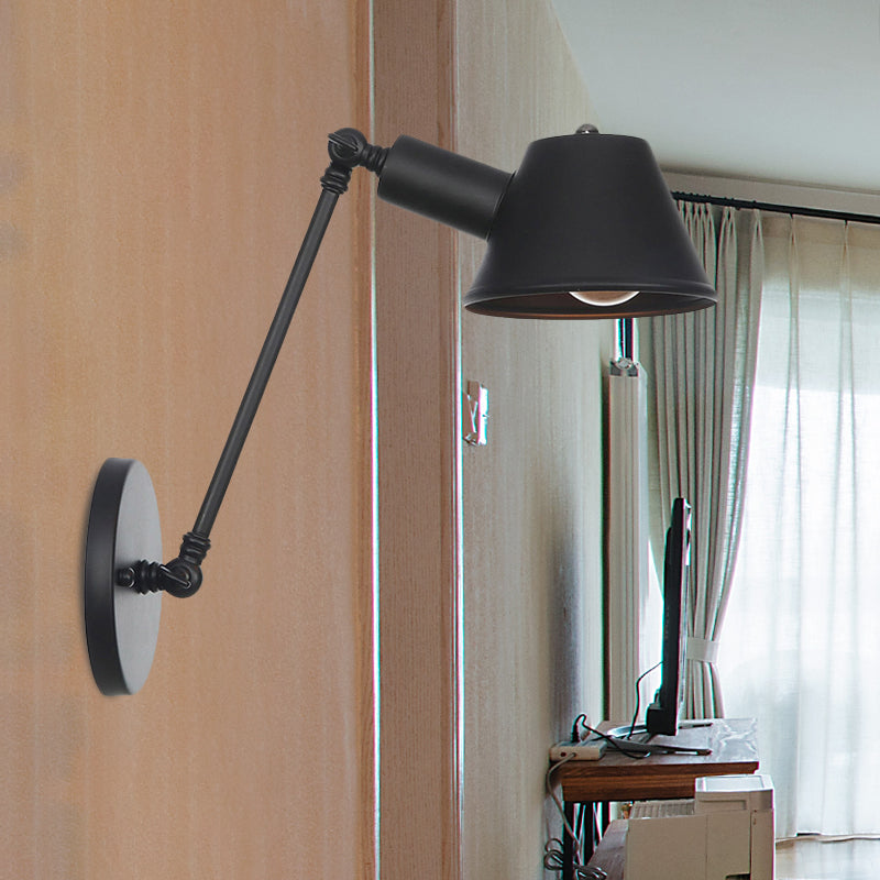 Black 1 Bulb Wall Lamp Sconce Farmhouse Iron Bell Wall Mount Light Fixture with 8"/12" Long Swing Arm Clearhalo 'Art deco wall lights' 'Cast Iron' 'Glass' 'Industrial wall lights' 'Industrial' 'Middle century wall lights' 'Modern' 'Rustic wall lights' 'Tiffany' 'Traditional wall lights' 'Wall Lamps & Sconces' 'Wall Lights' Lighting' 602921