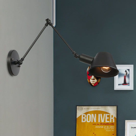 1 Bulb Wall Light Sconce Industrial Bar Wall Mounted Lamp with Bell Metal Shade in Black, 6"+6"/12"+6" Length of Swing Arm Clearhalo 'Art deco wall lights' 'Cast Iron' 'Glass' 'Industrial wall lights' 'Industrial' 'Middle century wall lights' 'Modern' 'Rustic wall lights' 'Tiffany' 'Traditional wall lights' 'Wall Lamps & Sconces' 'Wall Lights' Lighting' 602959