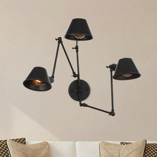 2/3 Lights Iron Sconce Lighting Antiqued Black Finish Swing Arm Bedroom Wall Lamp with Bell Shade 3.0 Black Clearhalo 'Art deco wall lights' 'Cast Iron' 'Glass' 'Industrial wall lights' 'Industrial' 'Middle century wall lights' 'Modern' 'Rustic wall lights' 'Tiffany' 'Traditional wall lights' 'Wall Lamps & Sconces' 'Wall Lights' Lighting' 602995